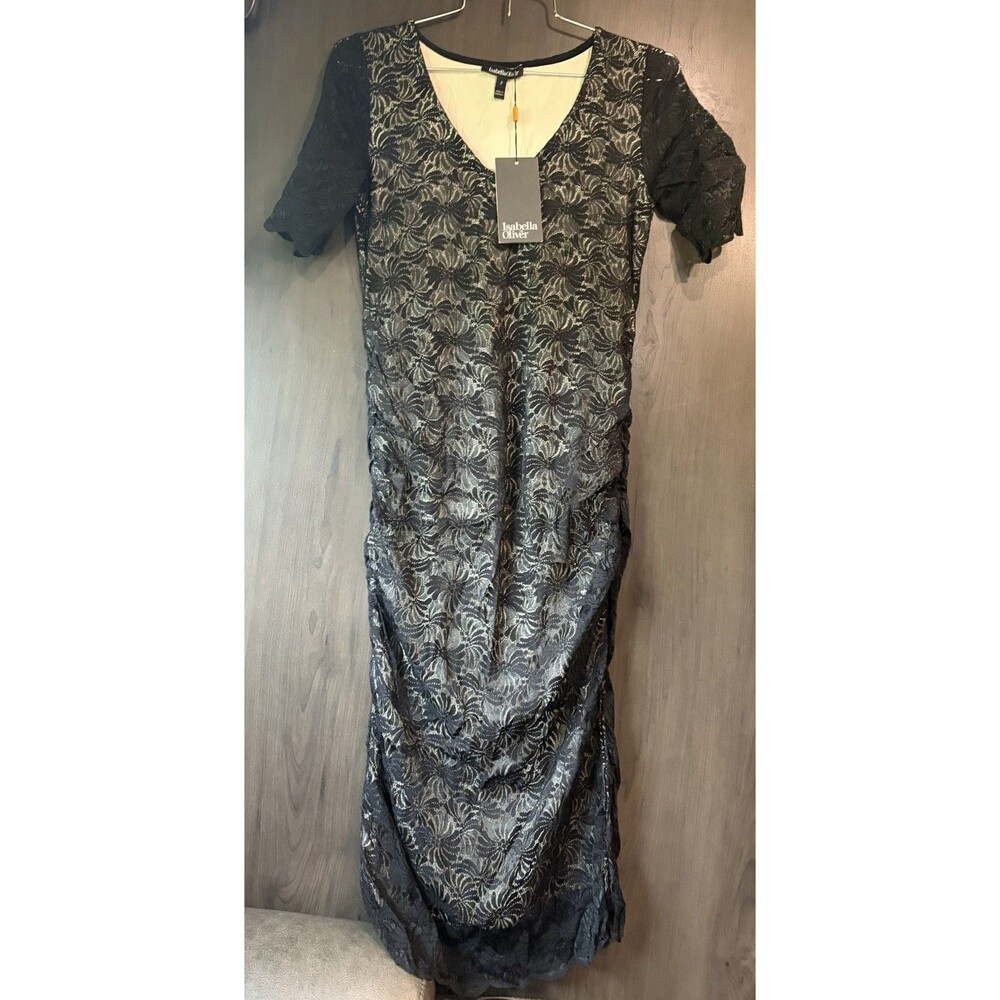 Isabella Oliver Blk Lace Maternity Dress V Neck Ruched Midi European Size 2